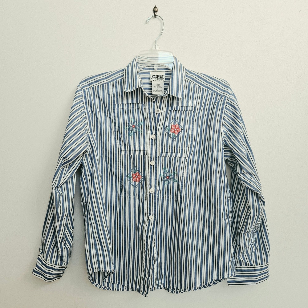 Koret City Blues Petites Blue White Striped Floral Embroidered Button Down Shirt